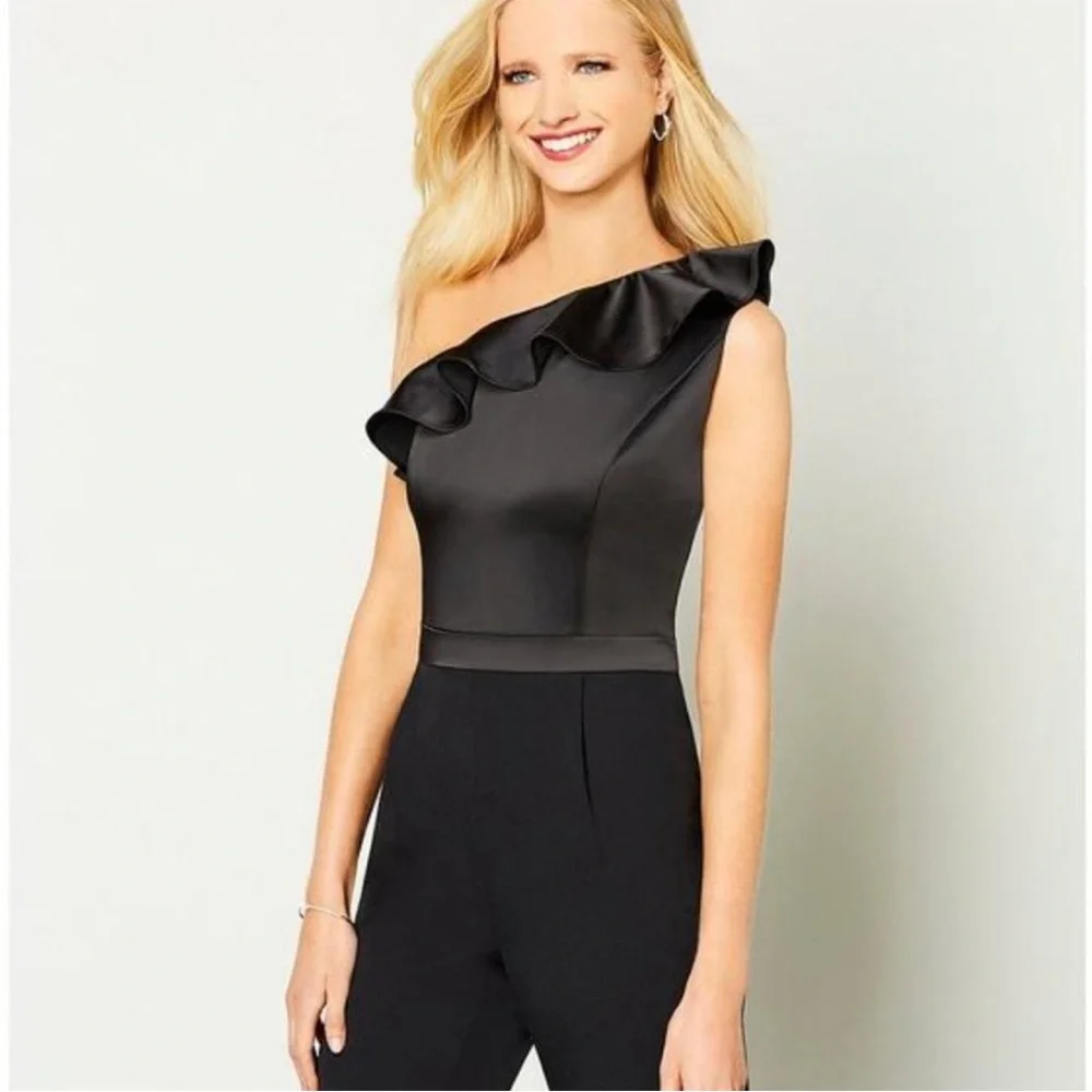 NWT Maggy London Black One-shoulder Ruffle Satin Jumpsuit Pantsuit Size 10
